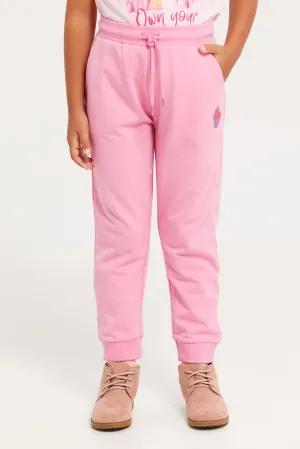 Girls Pink Embroidered Track Pants