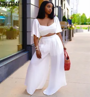 Ruffle Flare Sleeve Crop Top and Wide Leg Pants