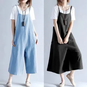 Womens Loose Fitting Minimalist Elegant Cotton Overalls With Pocket - Loose Overalls - Womans Casual Overalls - Overalls For Women